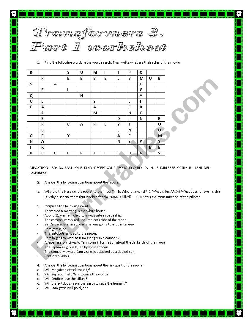 MOVIE TRANSFORMERS 3 PART 1 worksheet