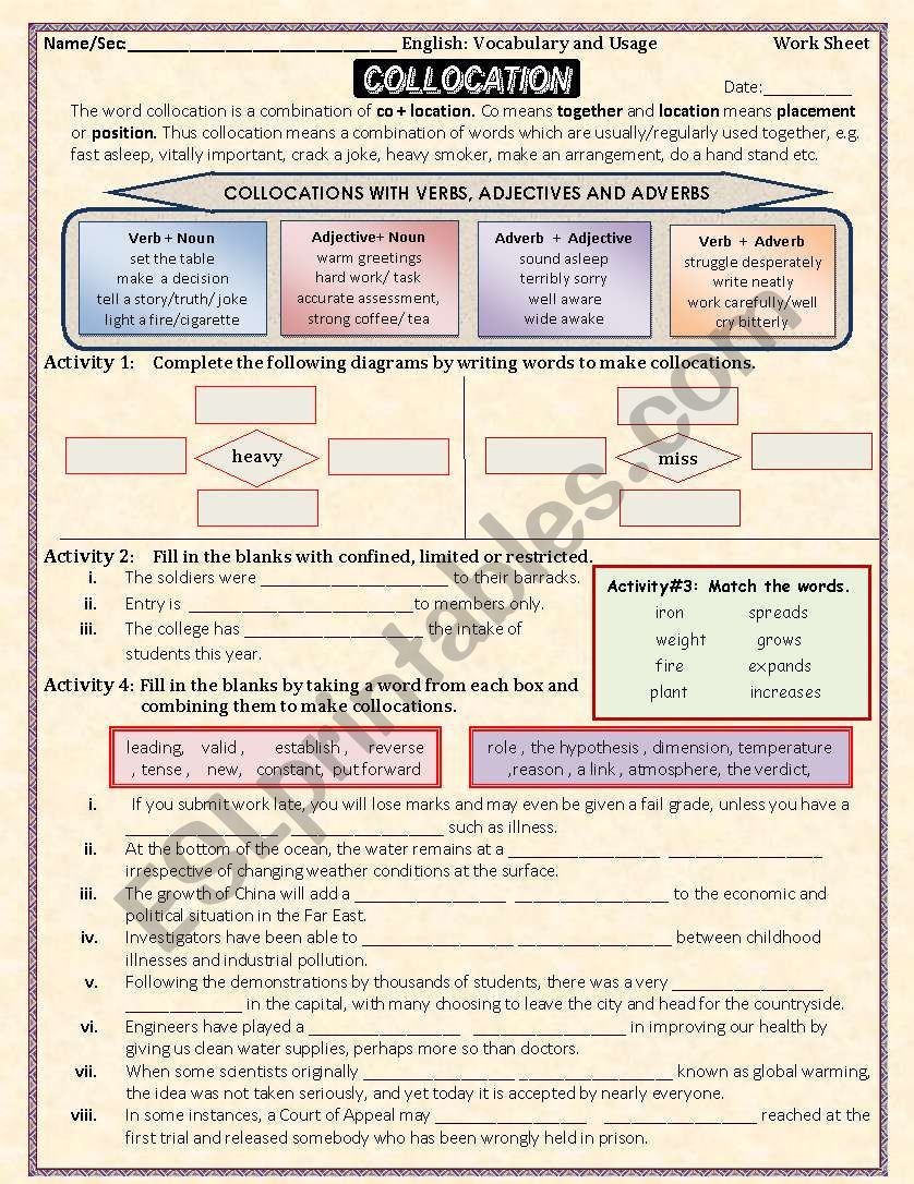 Collocation/ Word Patners worksheet