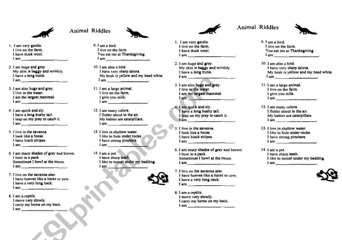 Animals riddle worksheet