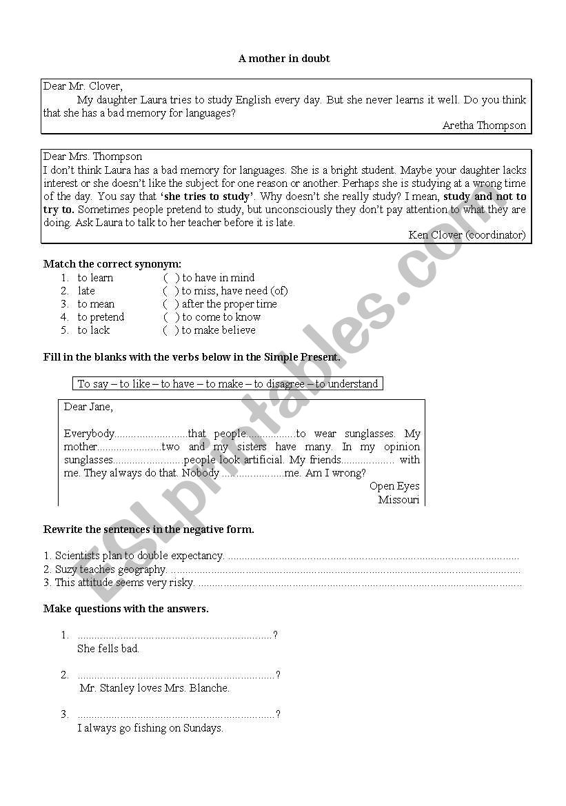 A mother in doubt worksheet
