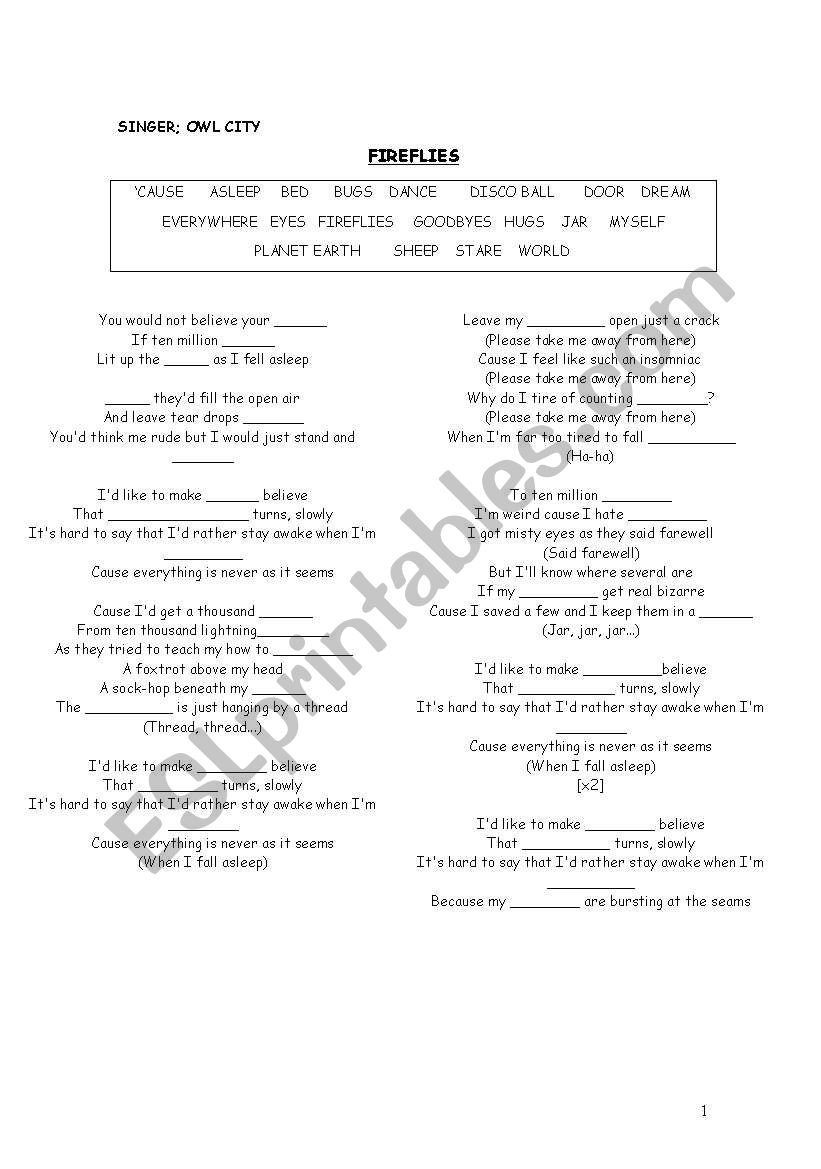 English Worksheets Song Fireflies By Owl City Worksheet