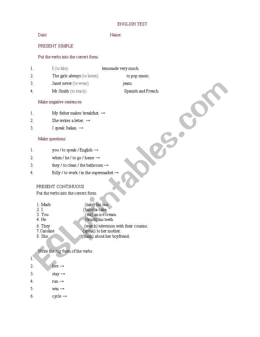 Verbs worksheet