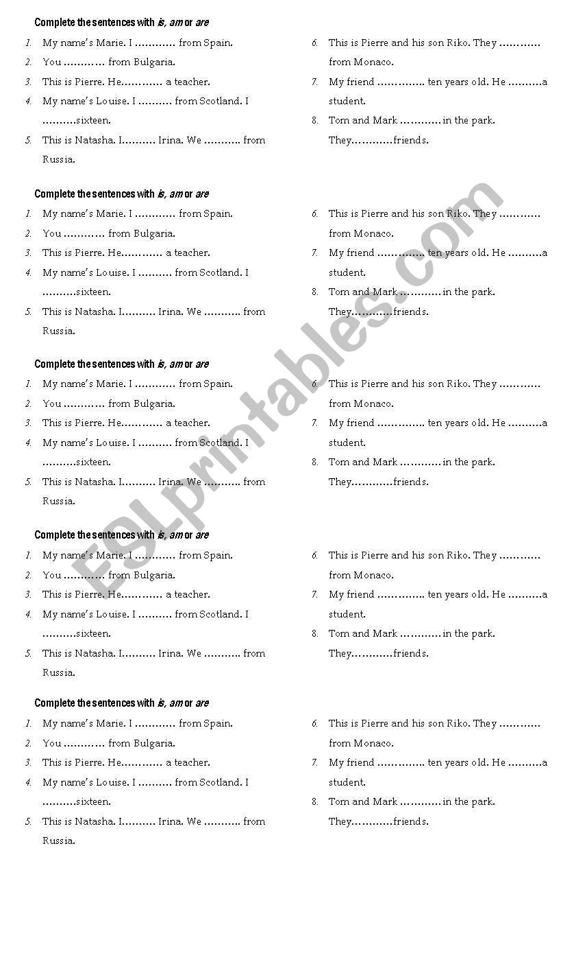 verb to be  worksheet