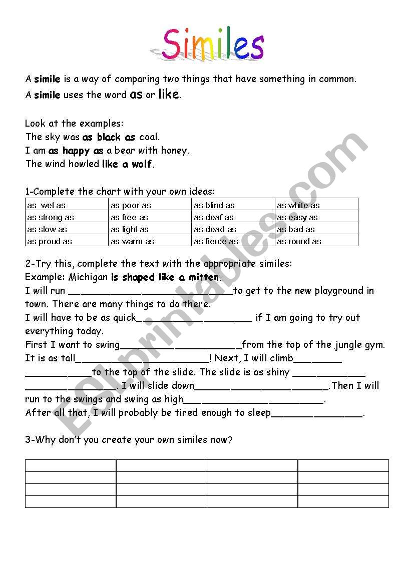 Similes worksheet