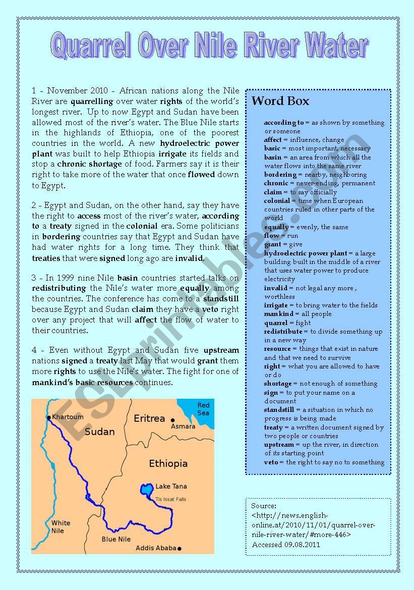 Reading Comprehension with exercises: Nile River