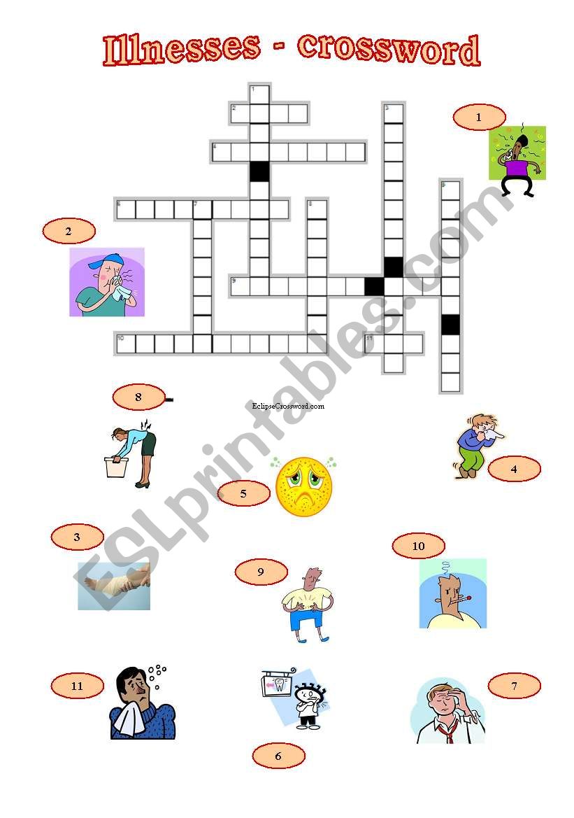 illnesses - crossword + key worksheet