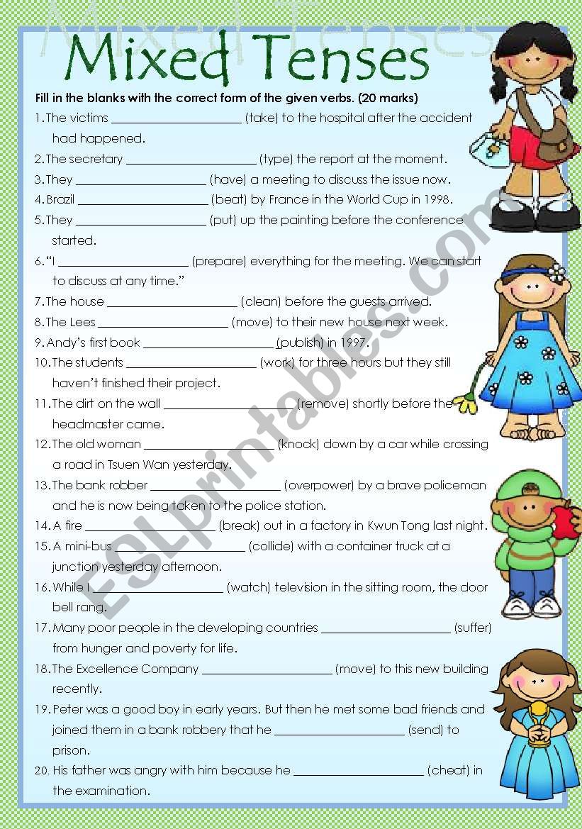 Mixed tenses with answer keys worksheet