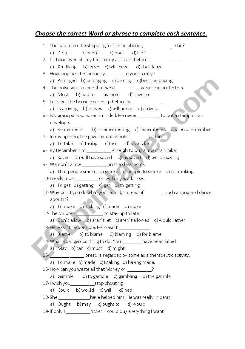 chhose the correct option worksheet