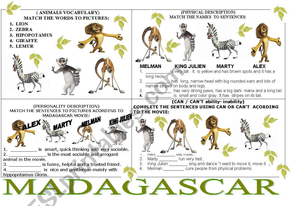 MADAGASCAR 4 EXERCISES IN ONE PAGE.