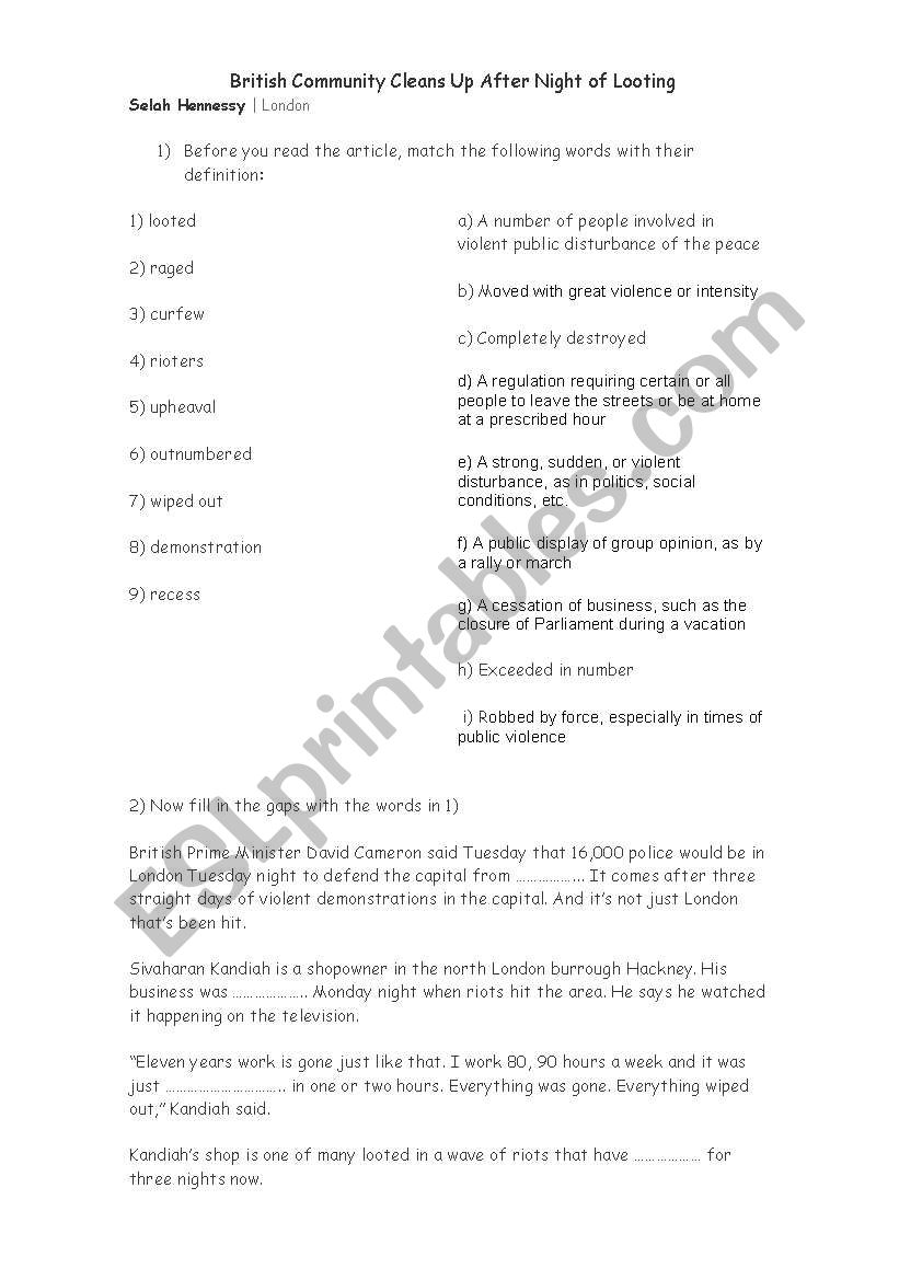 British Rioting Incidents worksheet