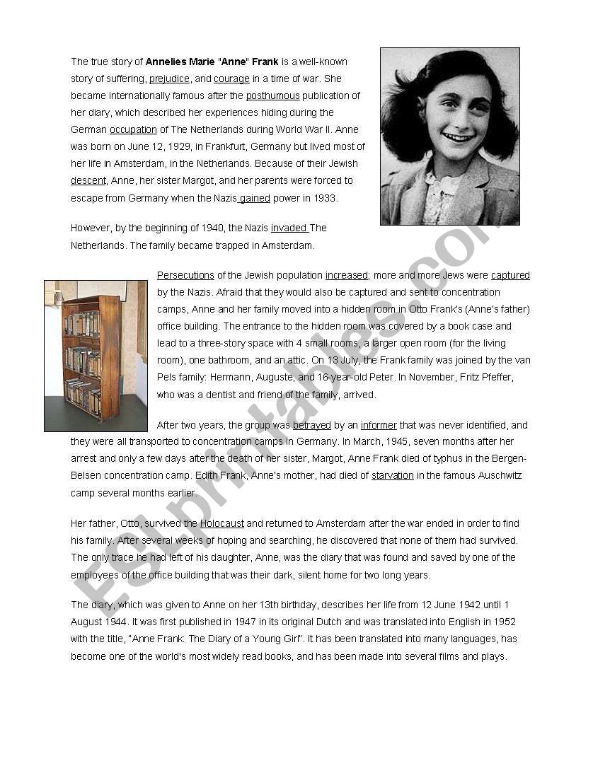 Biography of Ann Frank  worksheet