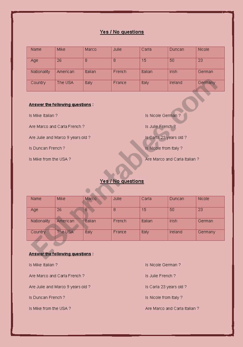 Yes - No questions worksheet worksheet