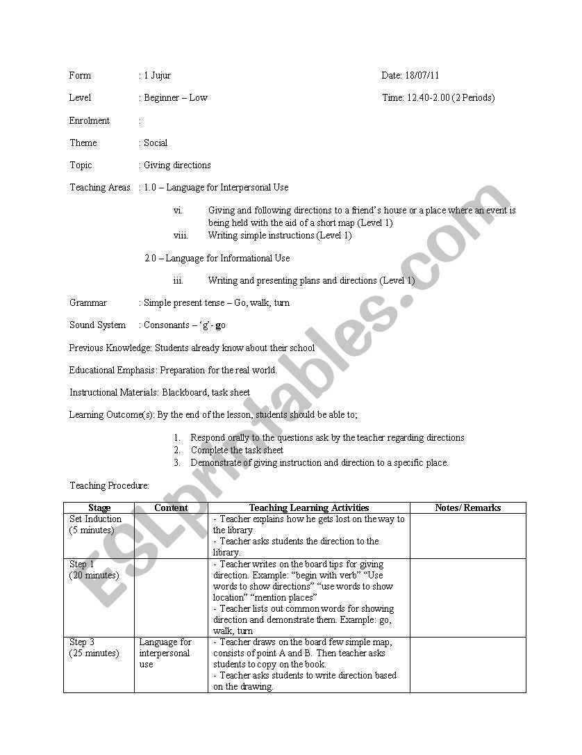 Giving Direction  worksheet