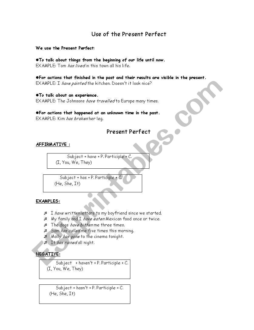 Present perfect worksheet