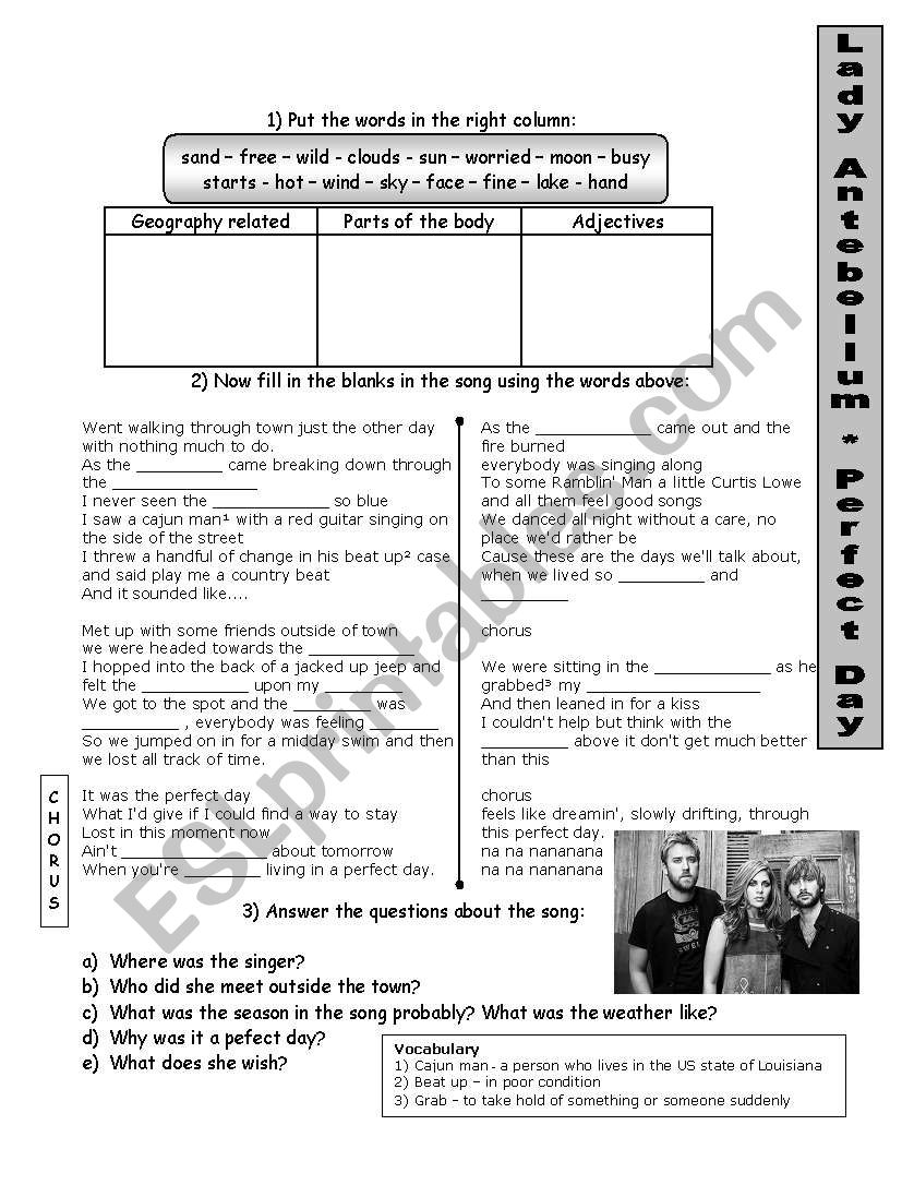 Perfect Day - Lady Antebellum song with exercises and answer key