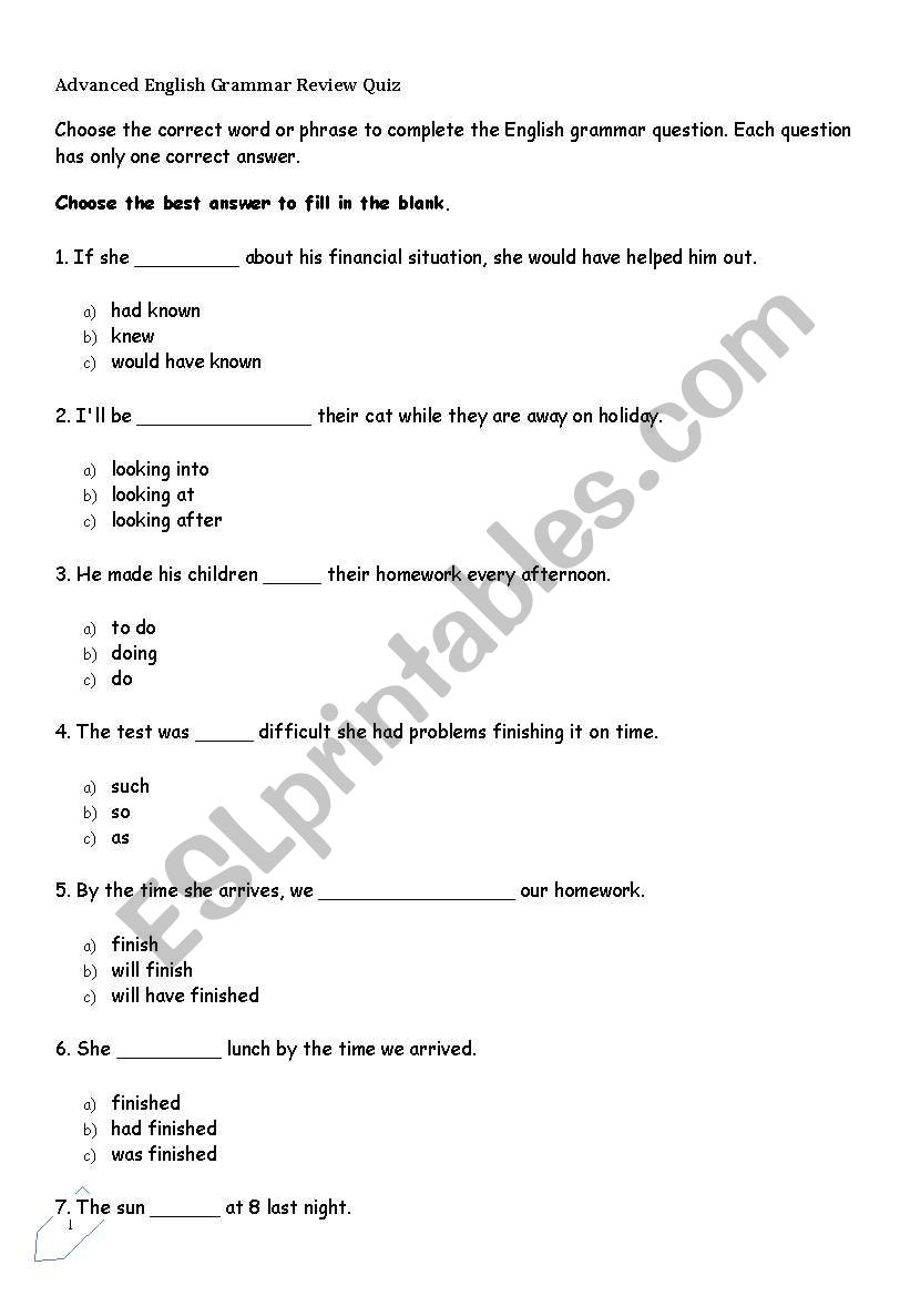 grammar worksheet vision 4