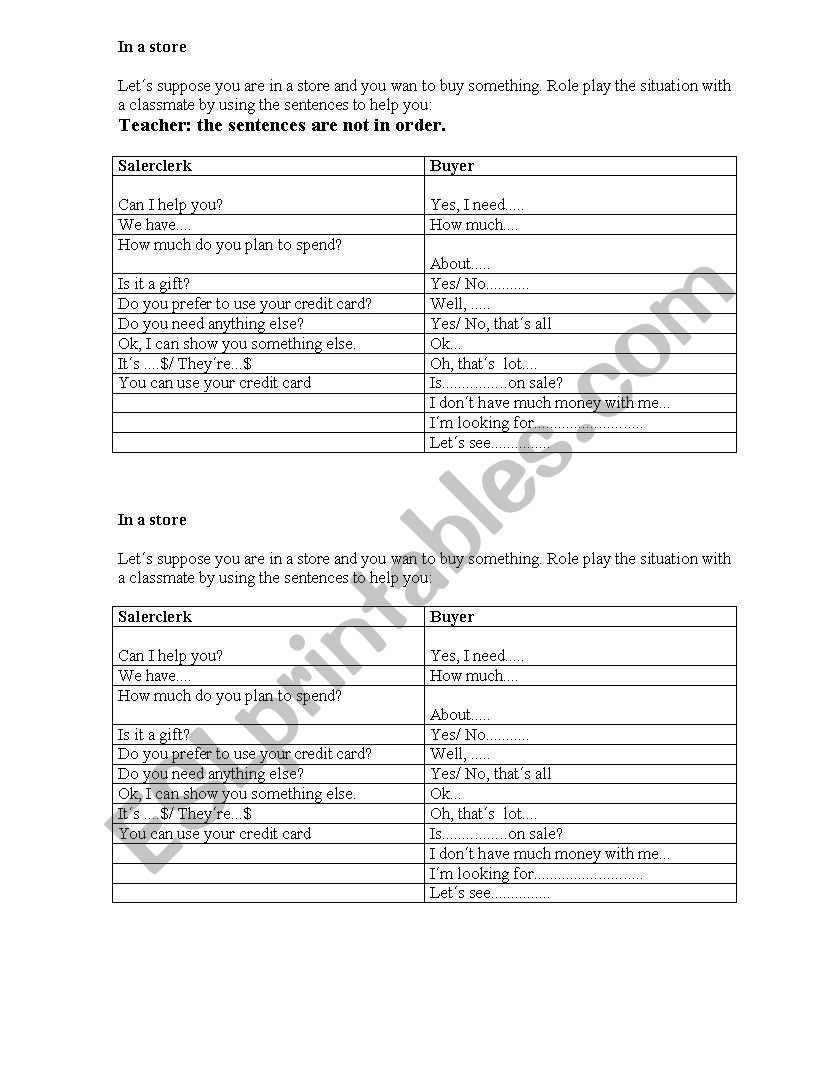 In a store worksheet