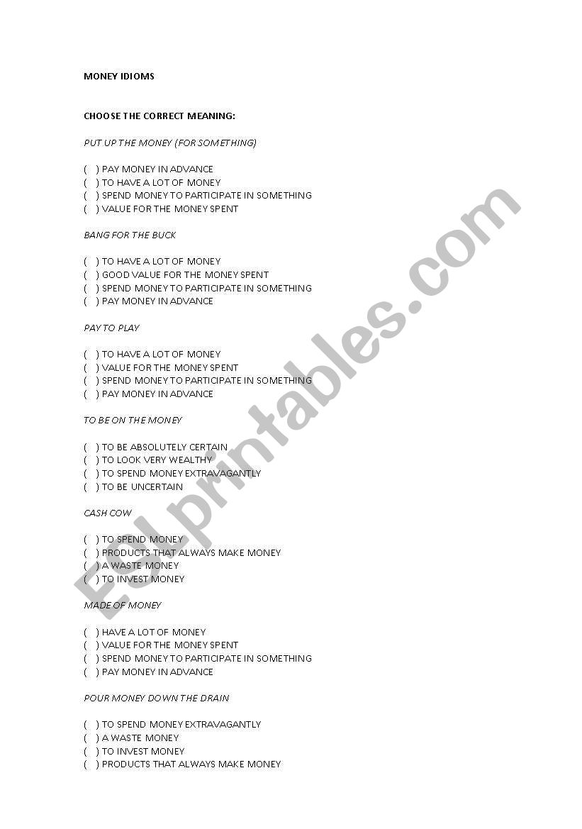 MONEY IDIOMS worksheet