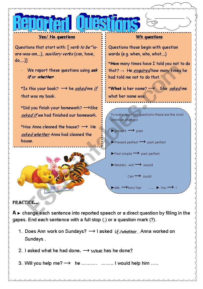 reported questions worksheet