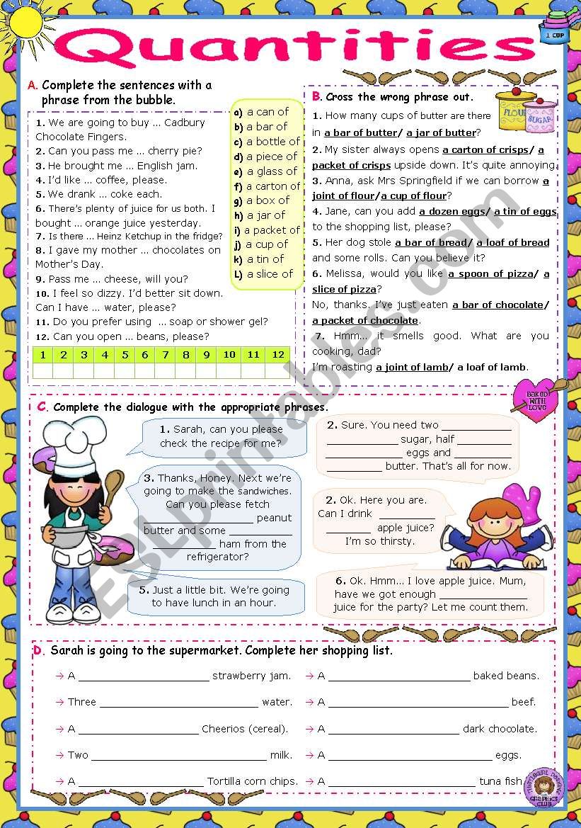 Quantities Set  (a piece of, a slice of, a can of...)  -  Practice (2)