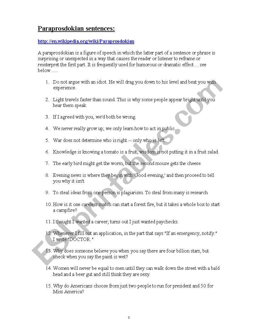 Paraprosdokian sentences:  worksheet