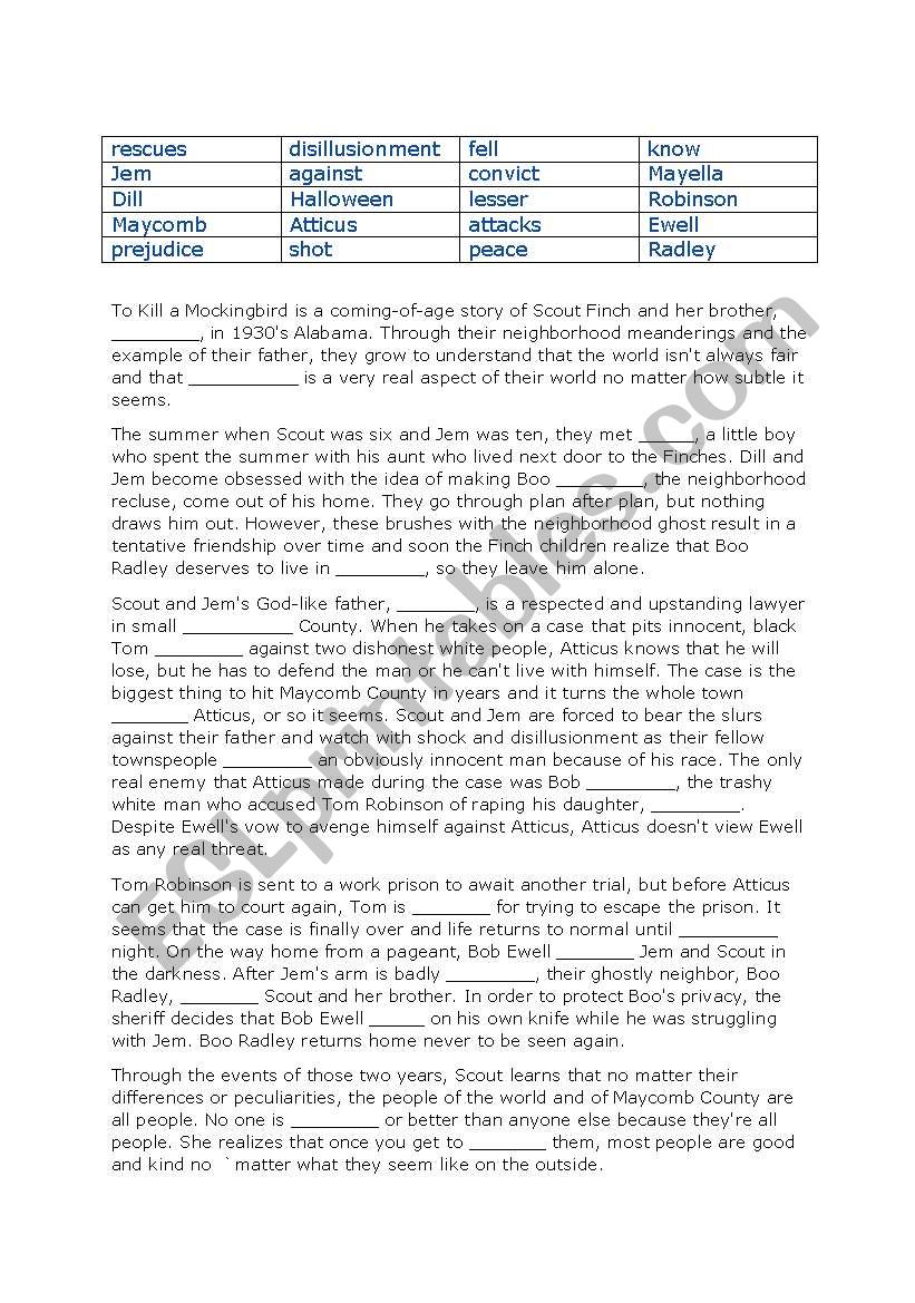 To Kill a Mockingbird Cloze exercise on plot