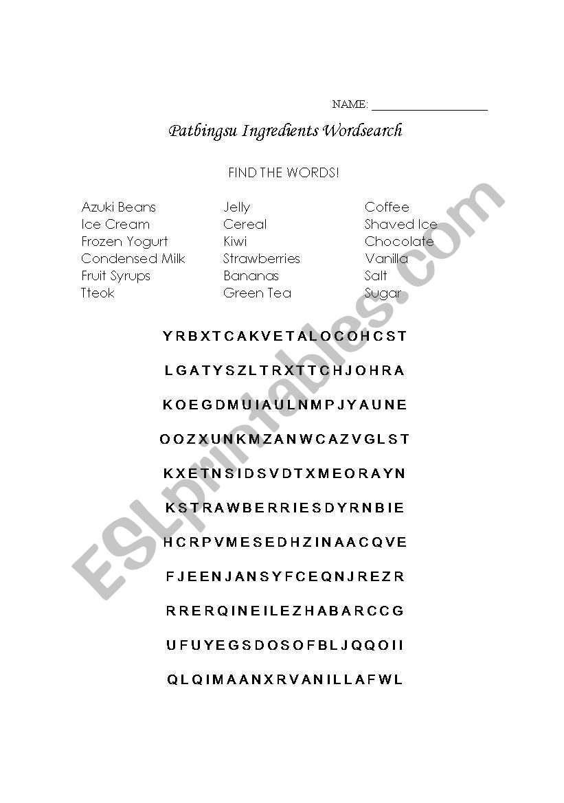 Patbingsu Ingredients Wordsearch