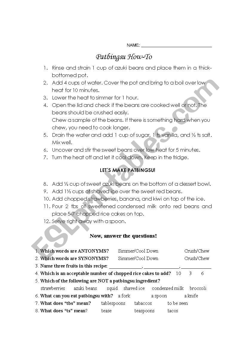 Patbingsu How-To worksheet