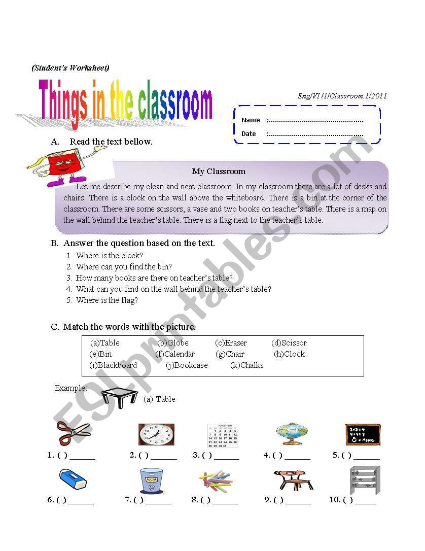 Things in the classroom worksheet