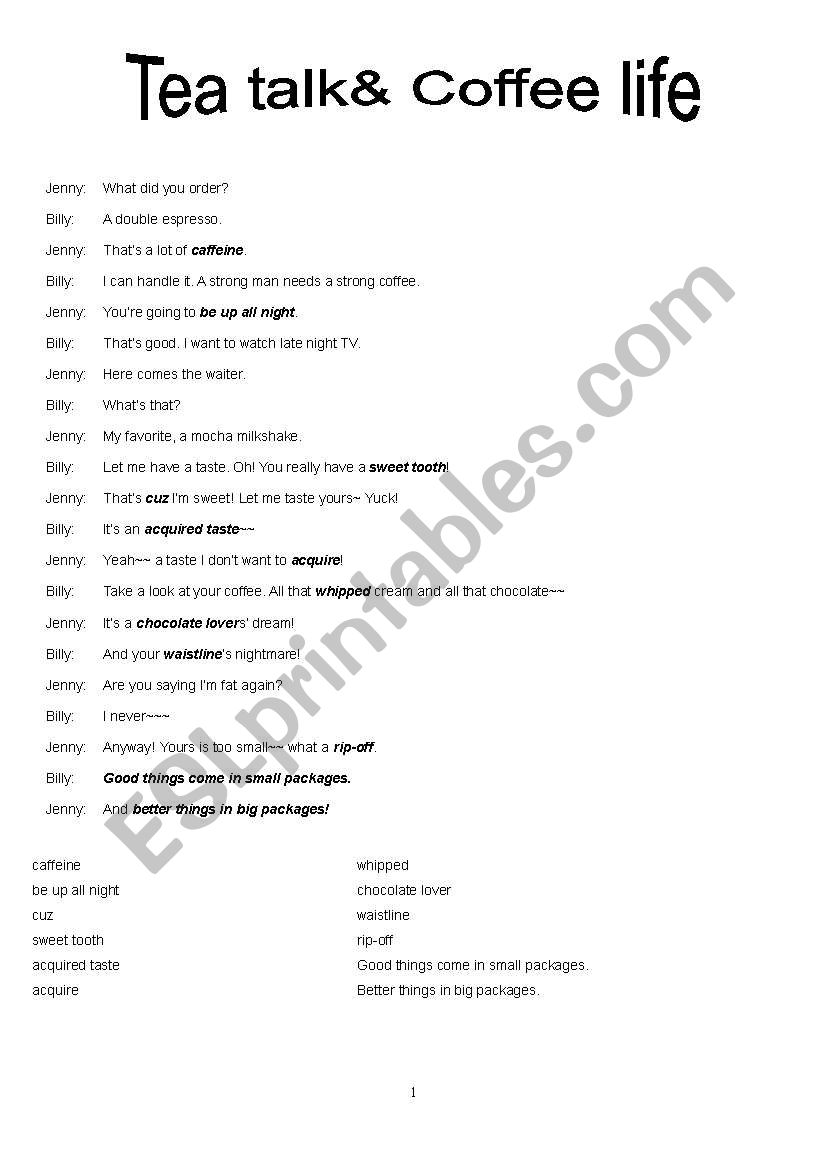 tea& coffee worksheet