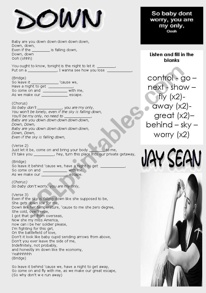 Down by Jay Sean worksheet