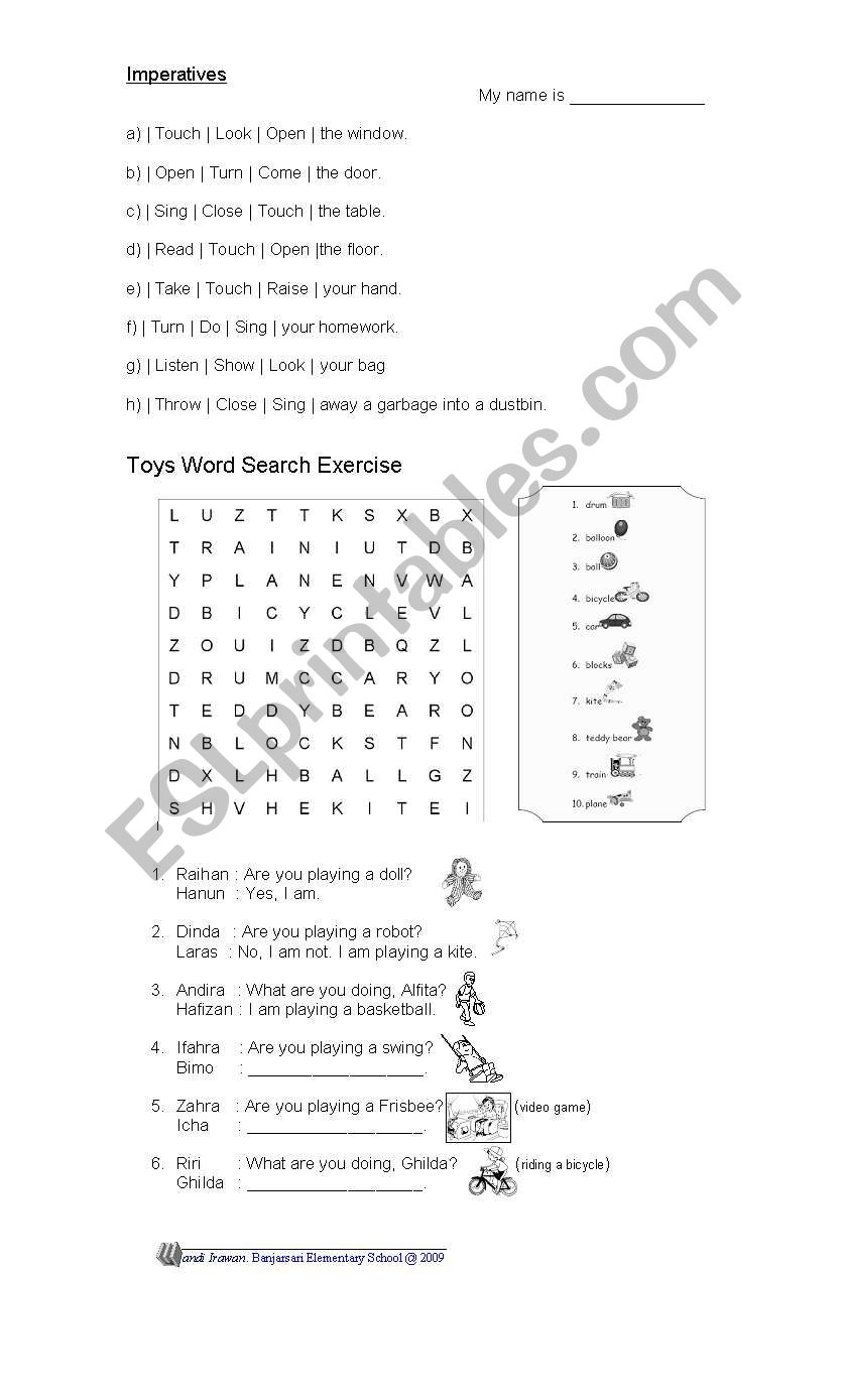 English test; imperative, toys wordsearch and asking and answering questions about toys