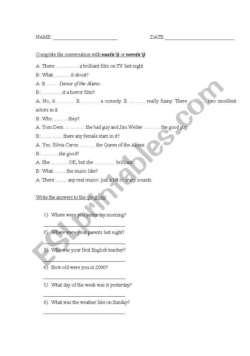 PAST SIMPLE OF BE worksheet