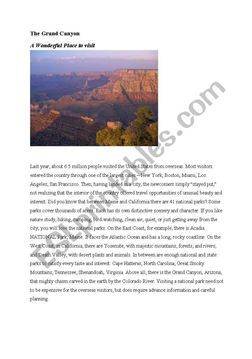 The Grand Canyon - Reading comprehension and vocabulary building