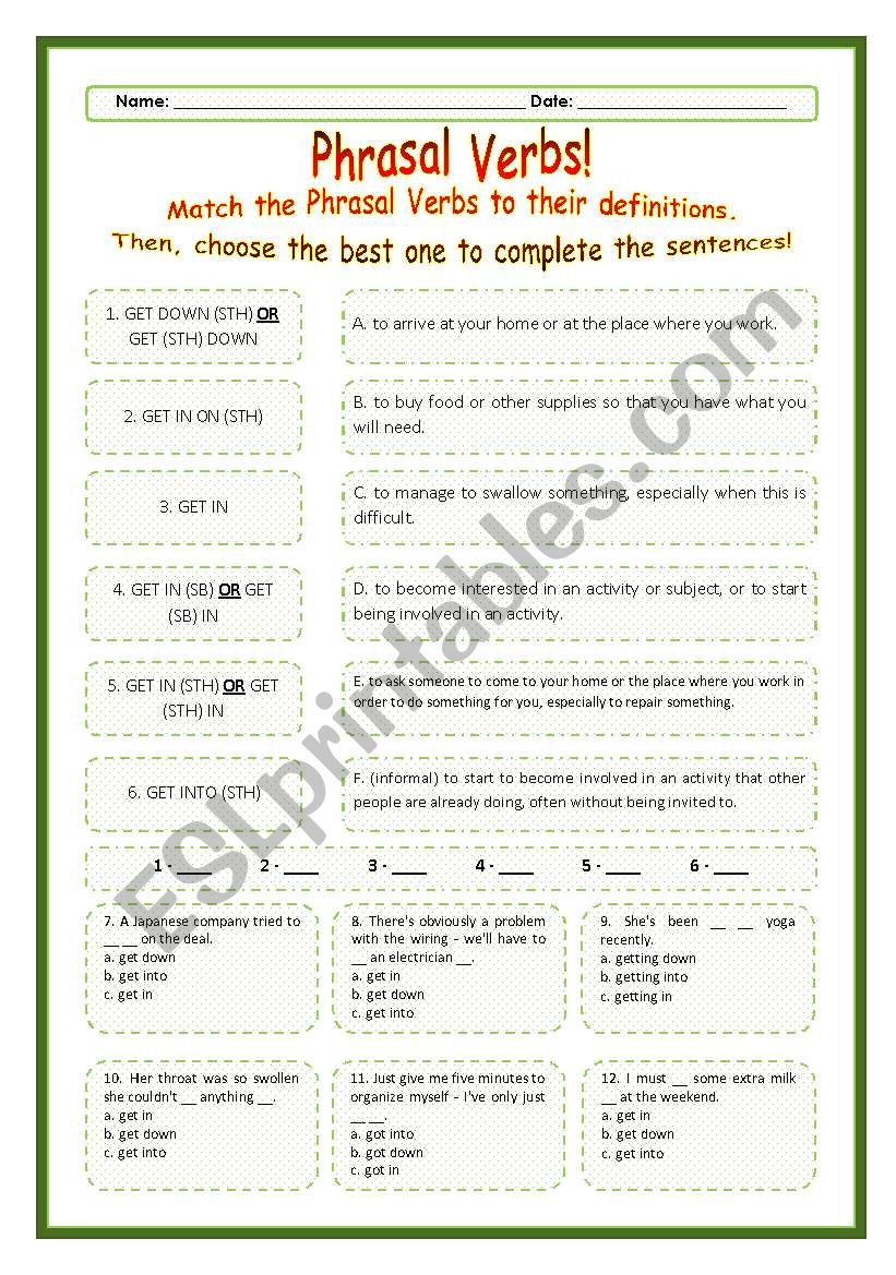 > Phrasal Verbs Practice 44! > --*-- Definitions + Exercise --*-- BW Included --*-- Fully Editable With Key!