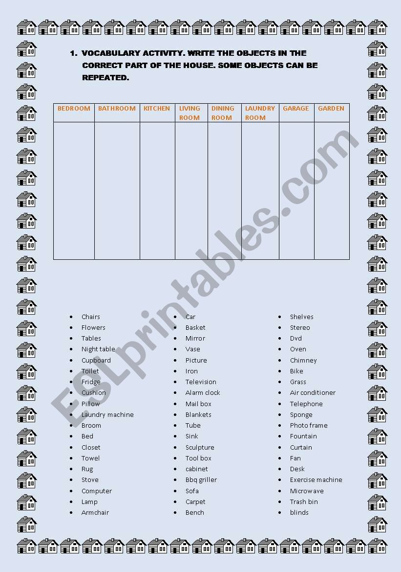 house furniture and rooms worksheet