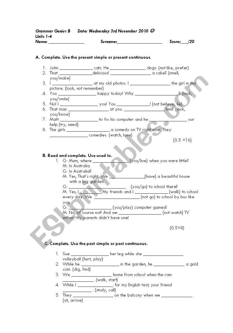 Revision test Grammar genius B units 1-4