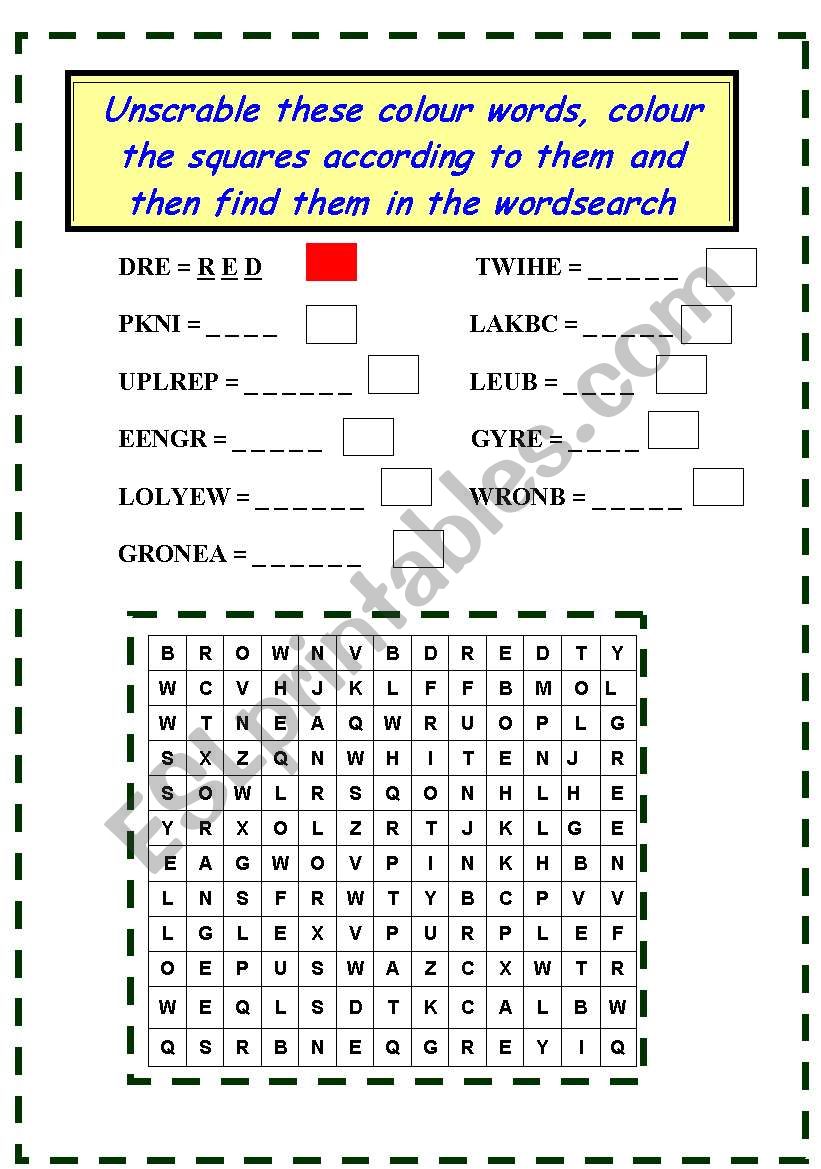 COLOURS UNSCRABLE AND WORDSEARCH