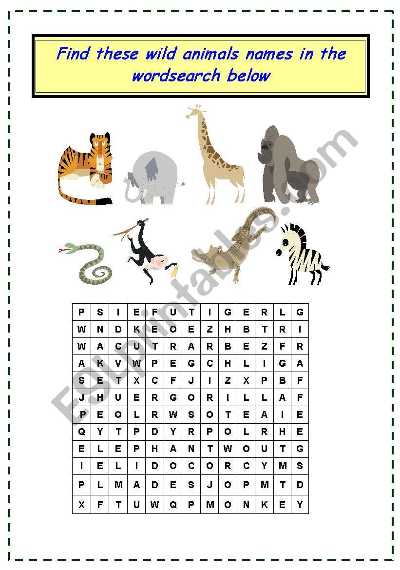 wild animals wordsearch worksheet
