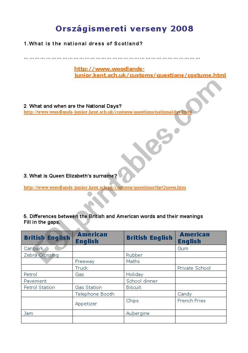 Webquest -  British Culture worksheet