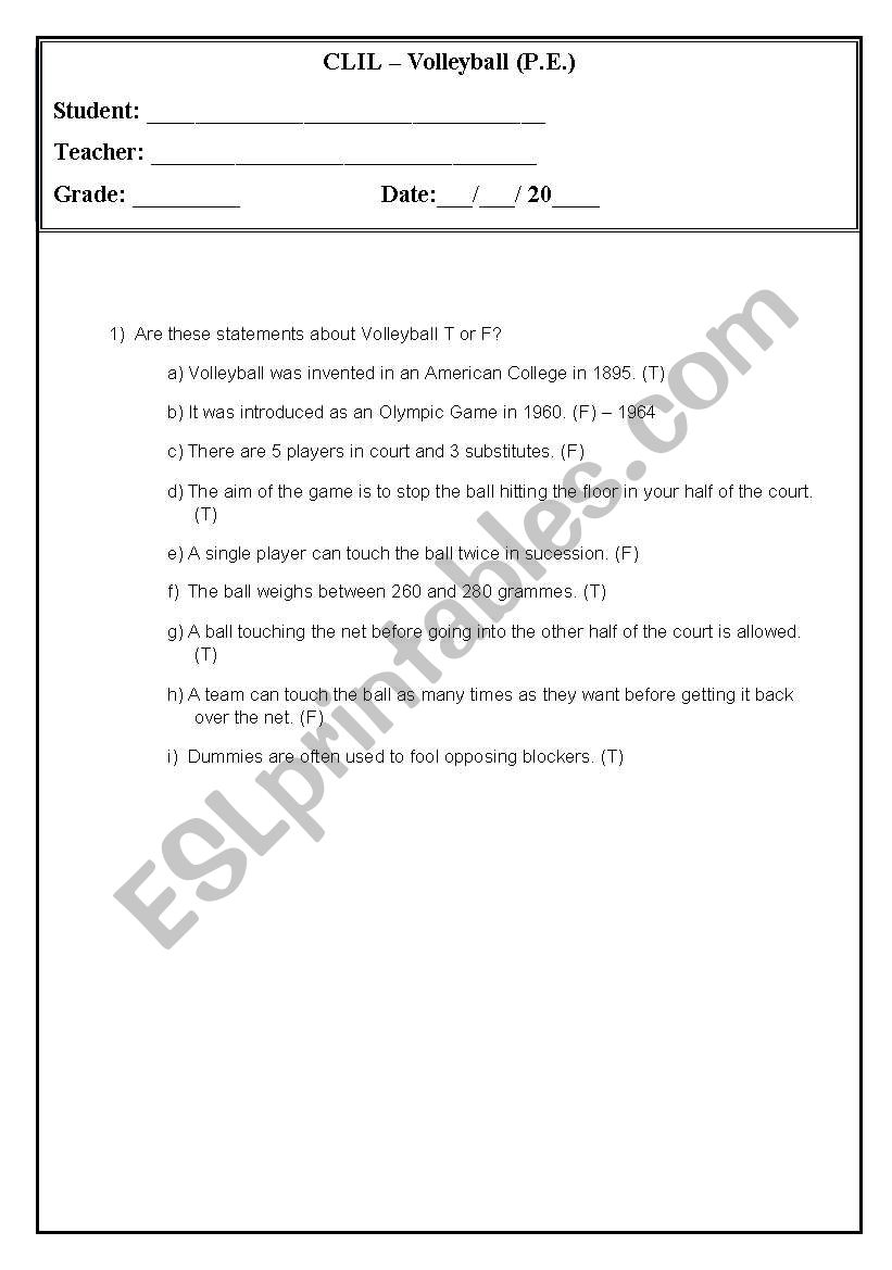 Volleyball worksheet