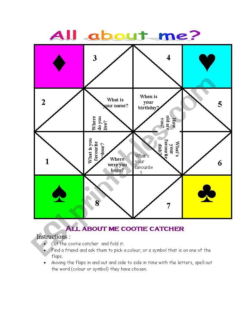 All about me! cootie catcher worksheet