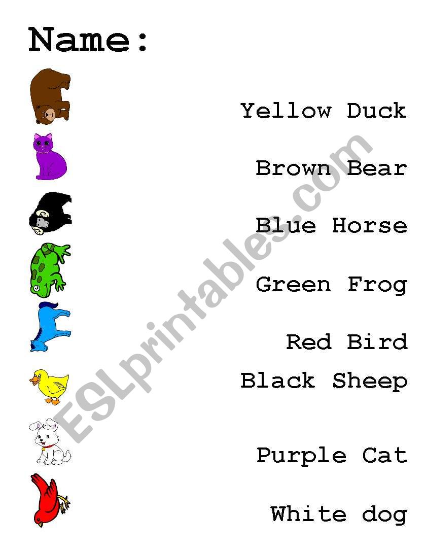Brown bear, brown bear  word and picture matching worksheet