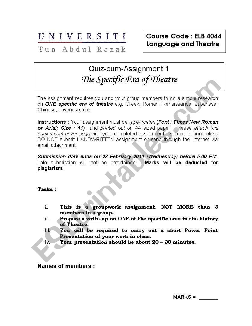worksheet for different era of theatre performance