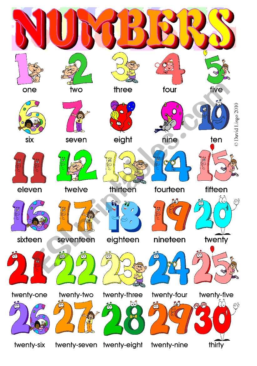 Numbers Pictionary 1-30: full colour and grayscale