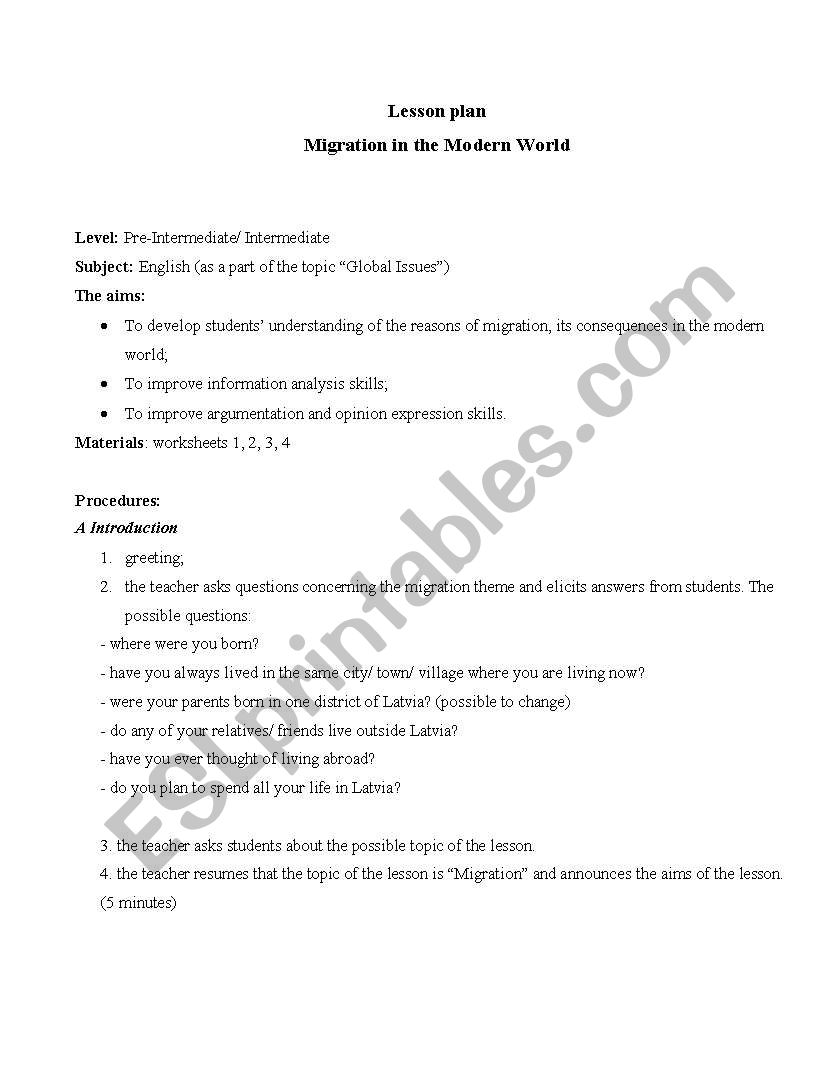 Migration in the Modern World worksheet