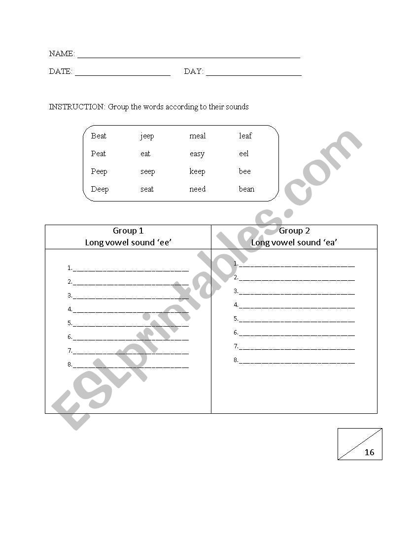 Phonetics ee and ea worksheet