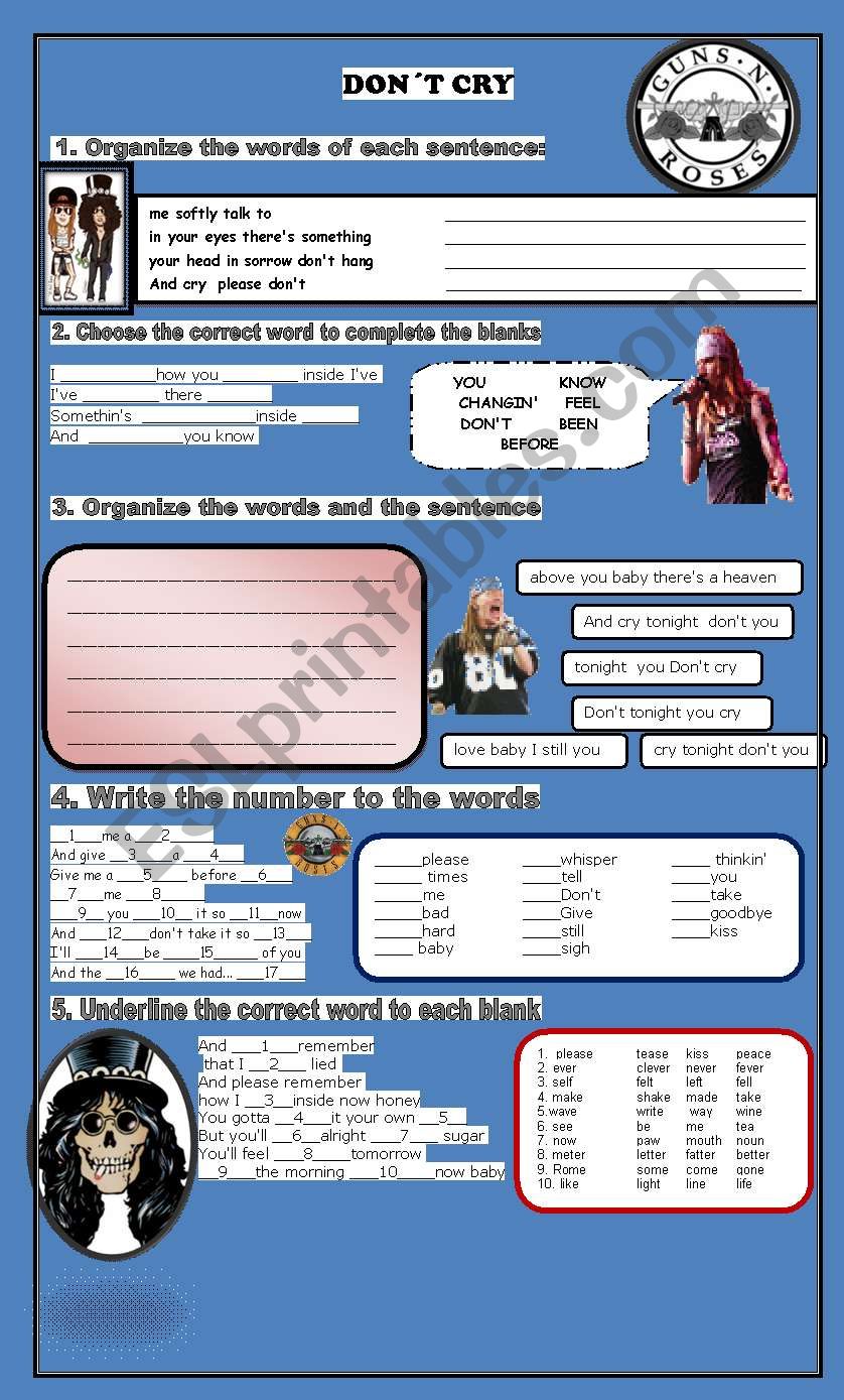 Song Dont Cry listening worksheet