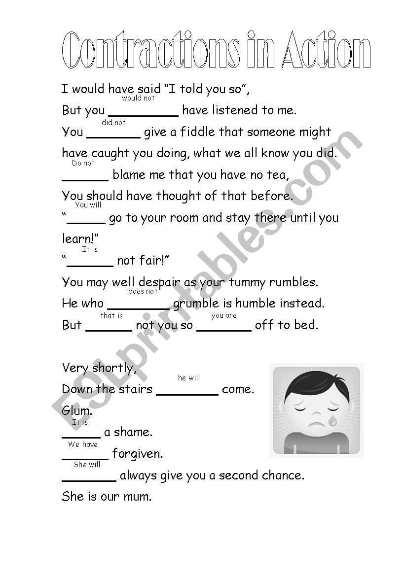 Contractions in action worksheet