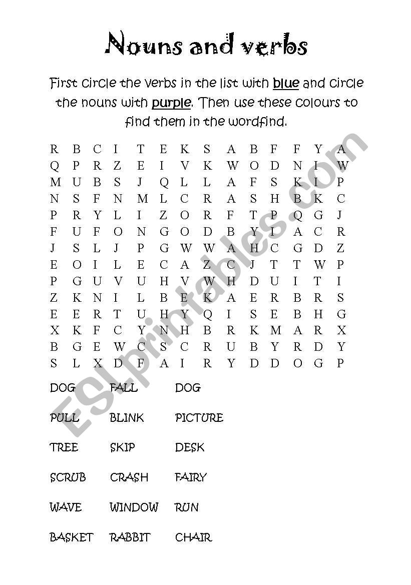 Nouns and Verbs Wordfind worksheet